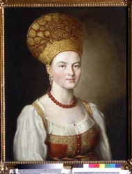 ロシアの衣装を着た女性のポートレート (ロシアのドレスを着た女性のポートレート)。 Ivan Petrovich Argunov (Argunov) (1729-1802) による絵画。 キャンバスに油彩、67 x 53.6 cm