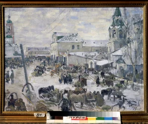 ムーロム（ロシア）にある教会。 （ムーロムの教会）。 雪の下、毎日の娯楽、馬車のある街の通りの説明。 Ivan Semyonovich Kulikov（Koulikov）（1875-1941）による絵画、キャンバスに油彩