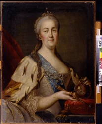 皇后キャサリン 2 世 (1729-1796) の肖像画。 Ivan Semyonovich Sablukov (1735-1777) による絵画、キャンバスに油彩、1770 年頃。18 世紀のロシアの芸術。 国立美術館、ニジニ ノヴゴロド (ロシア)。