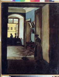 「室内風景」 廊下（学校？）の日陰で使用人がモップを通り過ぎる。 Ivan Trofimovich Durnov (1801-1847) による絵画 タタールスタン共和国国立美術館、カザン