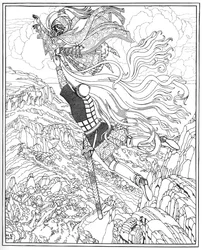 チェルノモールとラスランの飛行。プーシキンによる詩、ルスランとリュドミラへの挿絵、1918年