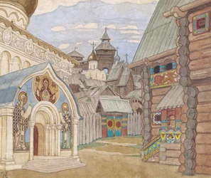 ロシアの村。オペラの舞台デザインN・リムスキー＝コルサコフ作「サルタンの物語」
