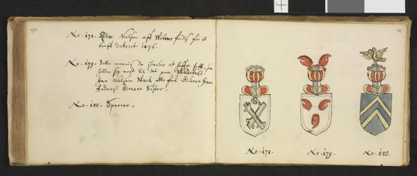 国立図書館の私文書館所蔵の図版、題名は「Insignia quædam virorum illustrium in Norvegia quodam habitantium」、イーヴェル・ニールソン・ヒルツホルム作