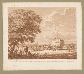 地平線上にアムステルダムと干し草を作る農民のいる風景 遠くにアムステルダムを望むハールレンマー・ポートの外の景色 (オブジェクトのタイトル)