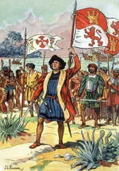 1492年：クリストファー・コロンブスがスペイン国旗を掲げてアメリカに到着する