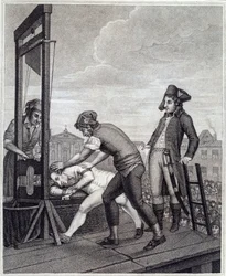 マクシミリアン・ド・ロベスピエール（1758-1794年）の処刑。1794年28/07、コンコルド広場でのギロチンによる処刑。J・ベイスに基づくジェームズ・イドナルピラの版画。1799年頃。パリ、カルナヴァレ美術館