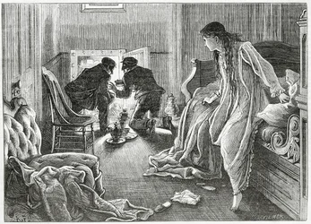 1872年3月23日、 『アップルトンズジャーナル』のスリラー犯罪物語「傷跡の物語」のイラストを枕元から非常に柔らかく上げ、枕の下から短剣を描きました。