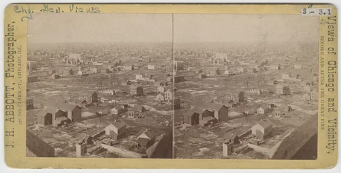 1871年、1871年のシカゴ火災後のウォータータワーからの北北西のビューのステレオグラフ（カードマウントのbw写真）