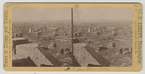 1871年のシカゴ火災後のウォータータワーから北西のビューの立体写真
