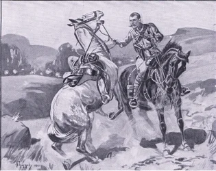 ブラウン少佐、第14 Hussars、重火の下でリートブラウンの馬を保持、イラストfromプレトリア後：ゲリラ戦争、1902