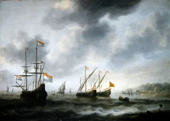 オランダの旗艦De Roode Leeuwとイギリスの2隻の船（油彩・キャンバス）