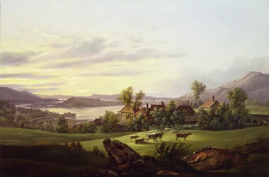 Haukeland からのベルゲンの眺め (キャンバスに油彩)