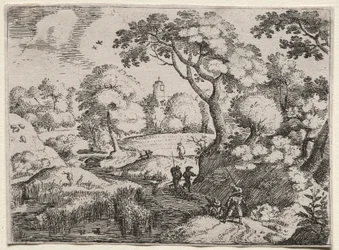 六つの景観：沼地と樹木が茂った銀行の間の道c。 1595年。