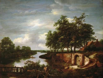 Paysage fluvial avec une entree de cave - River Landscape with Cellar Entrance - Jacob Isaacksz van Ruisdael (1628/29-1682).木に油彩