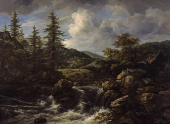 滝のある樹木が茂った風景、c.1665-1670
