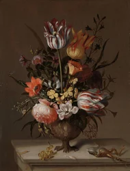 花瓶の花と死んだカエルのある静物