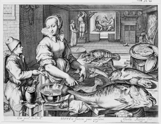 魚を調理する台所女中のいる台所の場面、背景のエマオのキリスト、背景に聖書場面を配した『台所と市場の場面』より