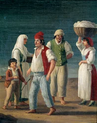 イタリア・バルレッタの漁師と農民の女性たち - ディテール 絵画：ヤコブ・フィリップ・ハッケルト(1737-1807) 18世紀 - ナポリ・サンマルティーノ美術館蔵