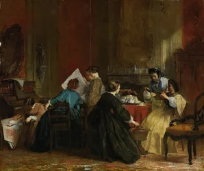 立体写真を見ている女性のグループ、1868年頃（パネルに油彩）