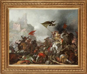 1453年のオスマン軍によるコンスタンティノープルの占領中のトルコ人とキリスト教徒の間の戦い - ヤコブ・マティアス・ウェイエルによる絵画 (1620-1670)、木に油彩 (39x49 cm) - トルコ戦争、ヤコブ・マティアス・ウェイエルによる木に油彩 - 個人蔵