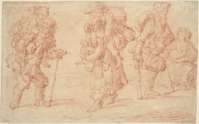 赤ん坊を連れた 3 組の物乞い