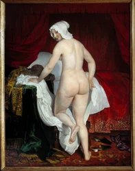 横になっている若い女性は、イタリアの就寝時に言った ヤコブ・ファン・ロー（1614-1670）の絵画 1650年 日1,87x1,43 m リヨン、ボザール美術館（Musee des Beaux Arts