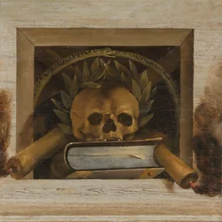 Vanitas Still Life with Skull with 月桂冠、本、2 つのろうそく