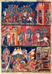 トロイの木馬の最初の略奪。 Historia destroyis Troiae の彩色済みミニチュア