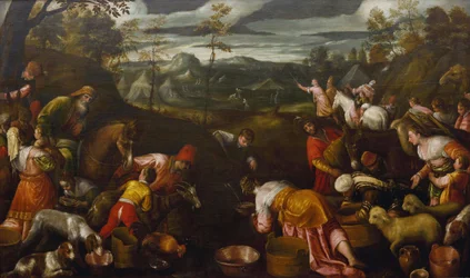 岩から水を打つモーゼ par Bassano, Jacopo, il vecchio (ca. 1510-1592) (Jacopo da Ponte).油彩・キャンバス