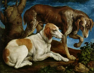 木の切り株に結ばれた2匹の狩猟犬、c.1548-50