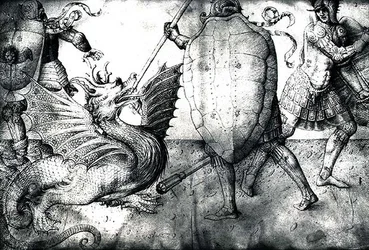 ドラゴンと戦う戦士、1450年頃（ベラムのインク）