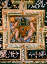 教皇レオン10世（1475-1521）のプッティと紋章。ヤコポ（イアコポ）・カルッチ・ディット・イル・ポントルモ（ポントルモ）（1494-1557）のフレスコ画