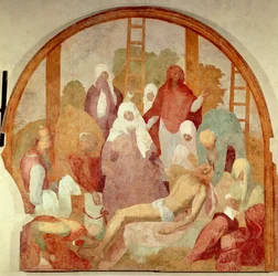 沈着、ポントルモ (1494-1556) として知られるジャコモ・カルッチ作のフレスコ画「情熱のサイクル」の詳細、フレスコ画、300x290 cm チェルトーザ ディ ガッルッツォ、フィレンツェ