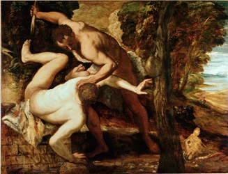 アベルを殺すカイン 絵画 ヤコポ・ロブスティ・ディット・イル・ティントレット（ティントレ）（1518-1594） 1550-1553 日149x196 cm ヴェネツィア、アカデミアのギャラリー