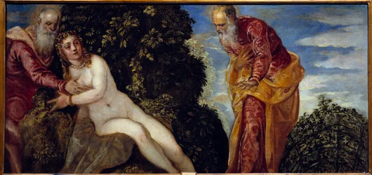 スザンヌと長老たち」 絵画 ヤコポ・ロブスティ（ティントレット）（1518-1594） 16世紀 日0.58x1.16 m マドリード、プラド美術館