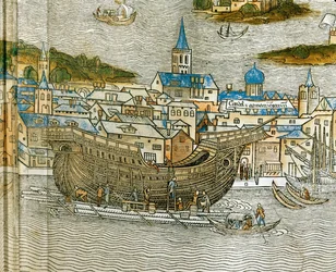ヴェネツィアの造船所でガレー船を建造する様子（1486年にラテン語で印刷された『Peregrinatio in Terram Sanctam』より）（木版画