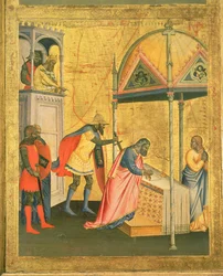 聖マタイの祭壇画と彼の生涯からの場面からの聖マタイの殉教、c.1367-70（パネル上のテンペラ）