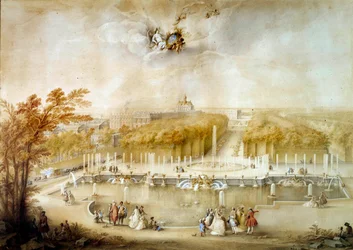 ジャック・アンドレ・ポルテ（1695-1759）によるグワッシュ画で、ネプチューンの水槽から撮影されたノール庭園とパルテール、ヴェルサイユ城のパースペクティブビュー。0.51x0.72 m ヴェルサイユ、城のミューズリー