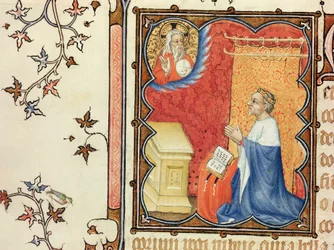 Ms Lat 18014 Jean de France（1340-1416）永遠の父の前で祈るベリー公、Les Petites Heures de Duc de Berry、1385-90年頃