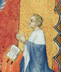 Ms Lat 18014 Jean de France 1340-1416永遠の父の前に祈るベリー公、Les Petites Heures de Duc de Berry、c.1385-90 vellum detail of 159990