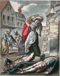 フランス革命時に負傷者を助けた女性たち、ラブローズ作、1795年頃（彩色済みエングレービング）