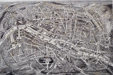 レリーフされたパリの地図と、その周辺や要塞を描いた鳥瞰図。ジャック・アルフォンス・テスタールのガルヴュール（1810-？ 19世紀 パリ、カルナヴァレ美術館