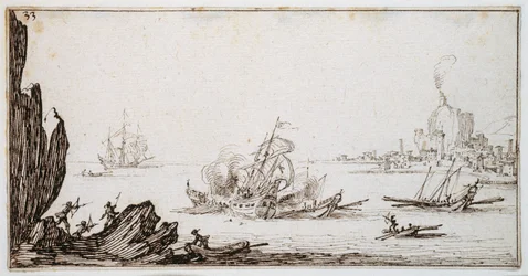 港を目前にして航行中のマン・オー・ウォーに船首から突っ込まれたガレー船、1617年頃（紙にペン・茶インク