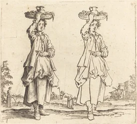 かごをかぶった農民の女性、正面図、1617年と1621年。