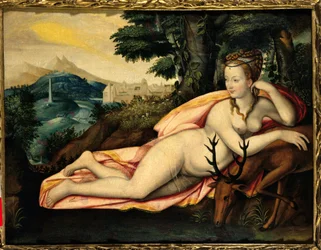 ディアーヌ・ド・ポワチエ（1499-1566）の表現 ブレゼの夫人、ヴァレンティノワ公爵夫人 en ディアーヌ ジャック・キャロ（1592-1635）の絵画 16世紀。センリス、狩猟博物館
