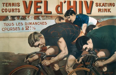 毎週日曜日にレース、Vel dHiv（ベロドロームダイバー）を宣伝するポスター、1910