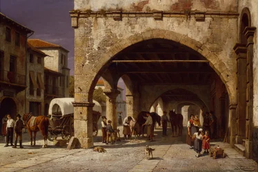 農夫のいる町の風景（油彩・キャンバス