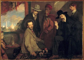 1900年の万国博覧会のカフェ・モールにいるアンドレ・ジッドと友人たち（ウジェーヌ・ルアール；シャルル・シャンヴァン；アトマン・ベン・サラー；アンリ・ゲオン）。ジャック・エミール・ブランシュ（1861-1942）作、1900年。寸法：1.56x2.2 m。ルーアン、ボザール美術館