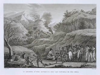 偉大なアジアの群島：ボビネットによって刻まれたルイ・クロード・デザルス・ド・フレシネ（1779-1842）による、ヴォヤージュオートゥールデュモンド（1817-20）からのオンバイ島の先住民とフランス人探検家の出版