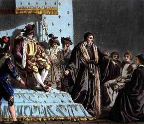 フランソワ・オリヴィエ議長（1488年生まれ）がフェルディナンド1世（1503-64年）の大使の陰謀を混乱させる場面、ジャン・バティスト・モレ（1790-1820年頃）の彫刻による